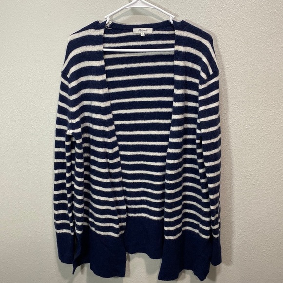 MADEWELL Cozy Walker Open Cardigan Wool Alpaca Blue White Stripe Sweater M0706 - Picture 2 of 9
